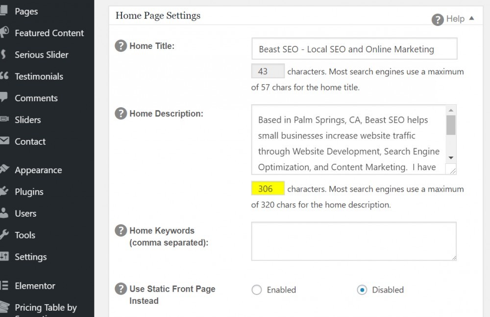 All In One SEO Pack Home Page Settings